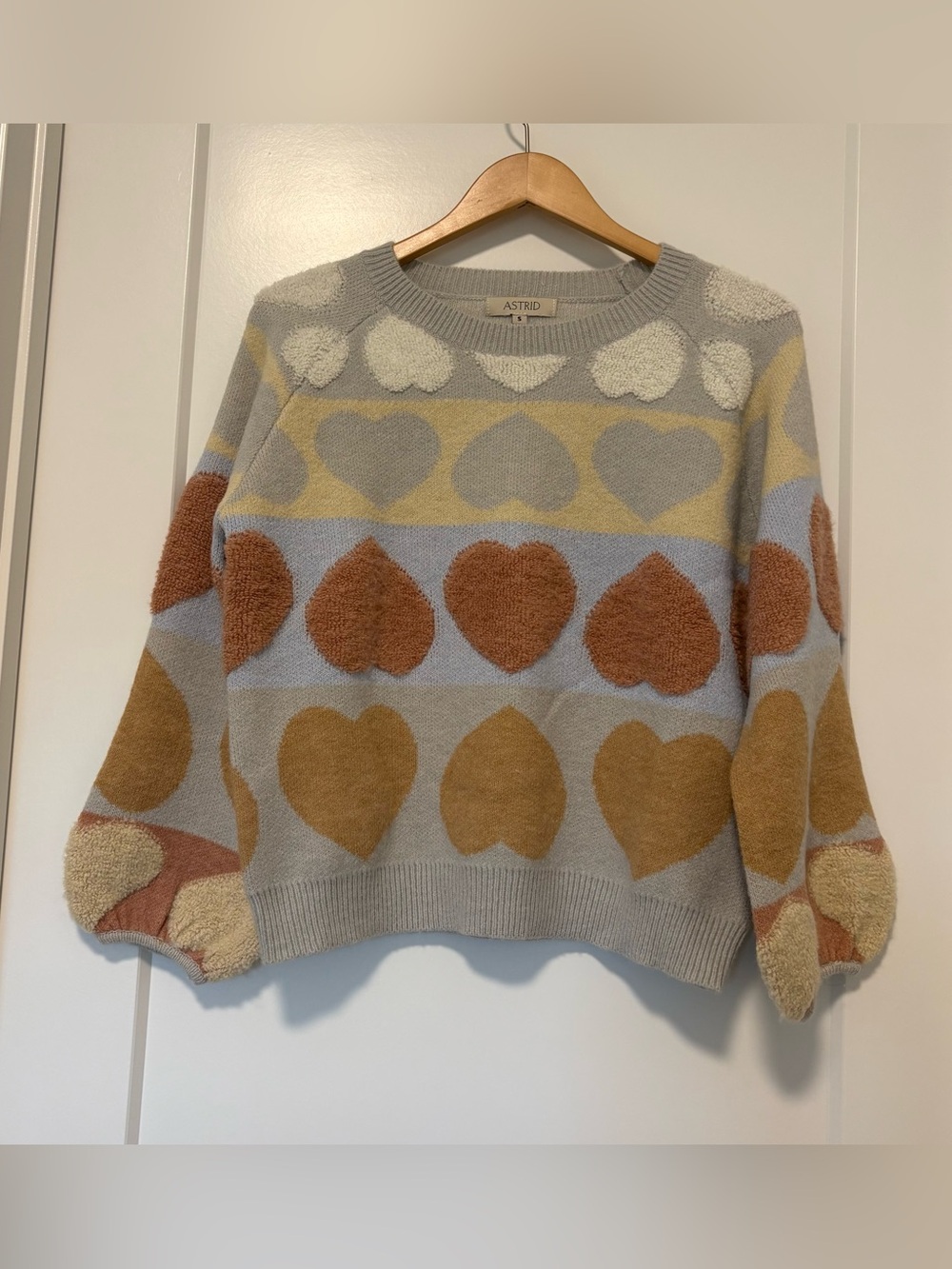 Astrid Heart Pattern Crewneck Sweater in Light Gray, Blue, Cream & Brown- Size S